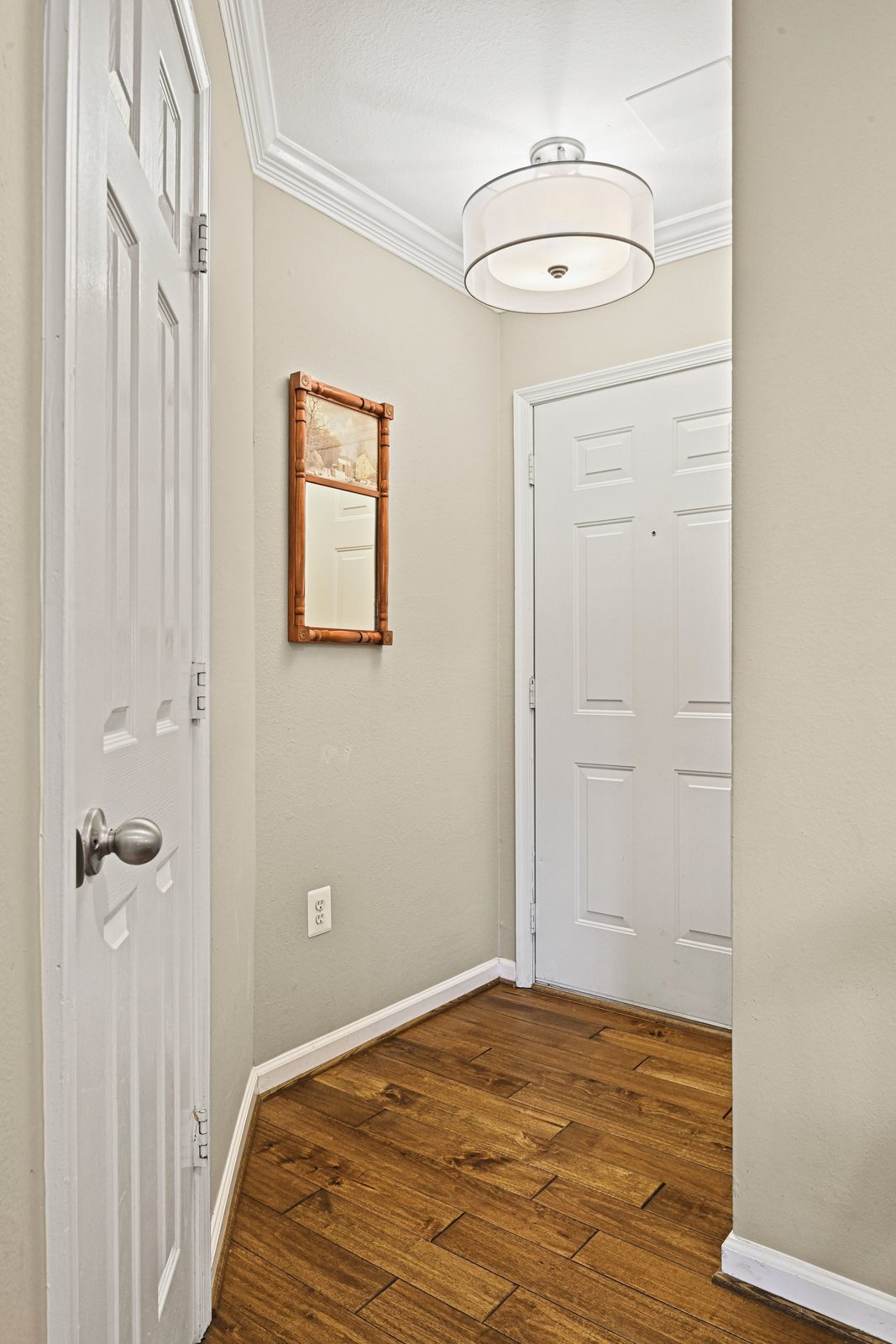 Entry hall with hardwood floor, crown molding and white paneled doors