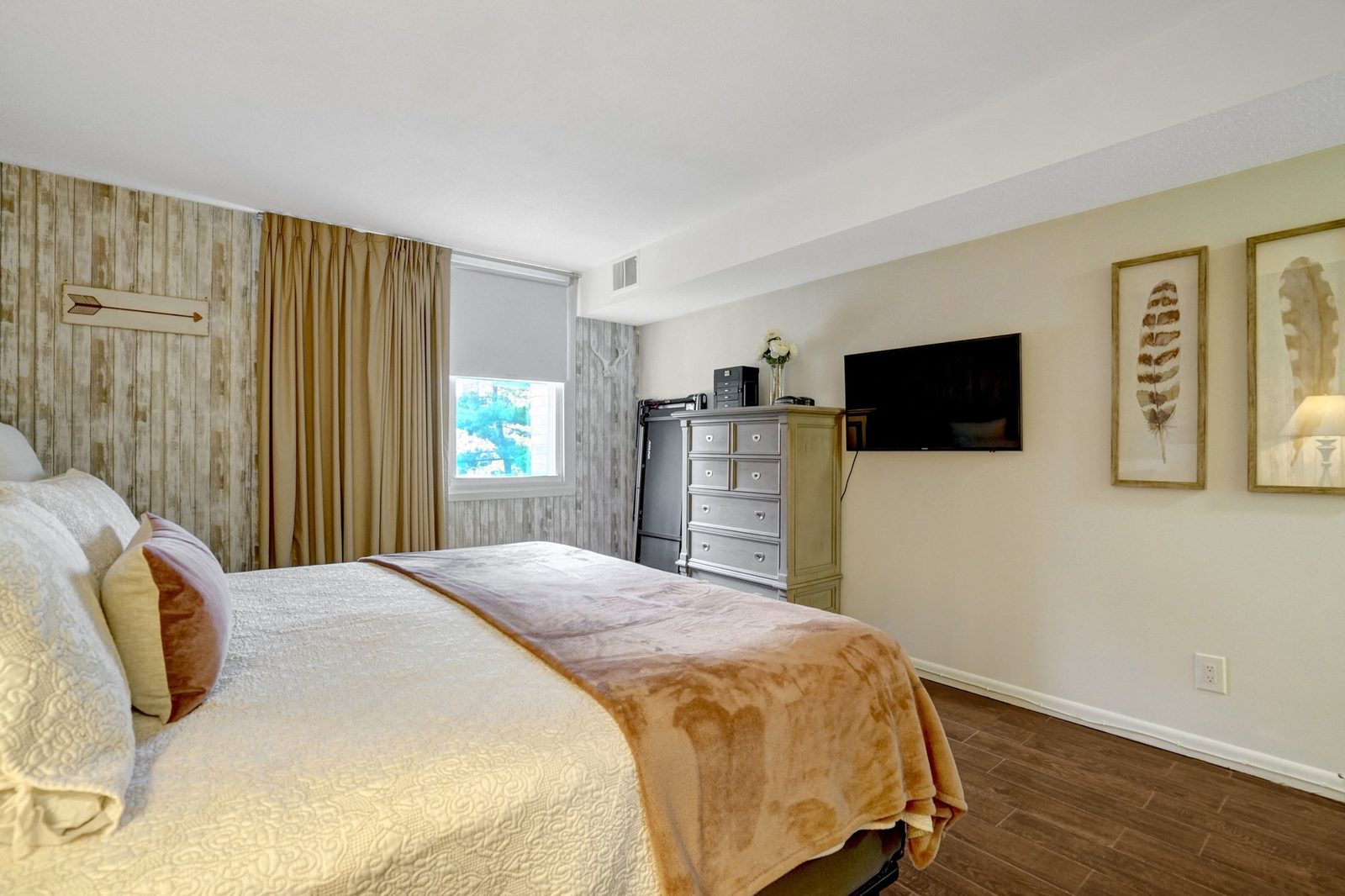 Bedroom with wall-mounted television, dresser and framed feather prints
