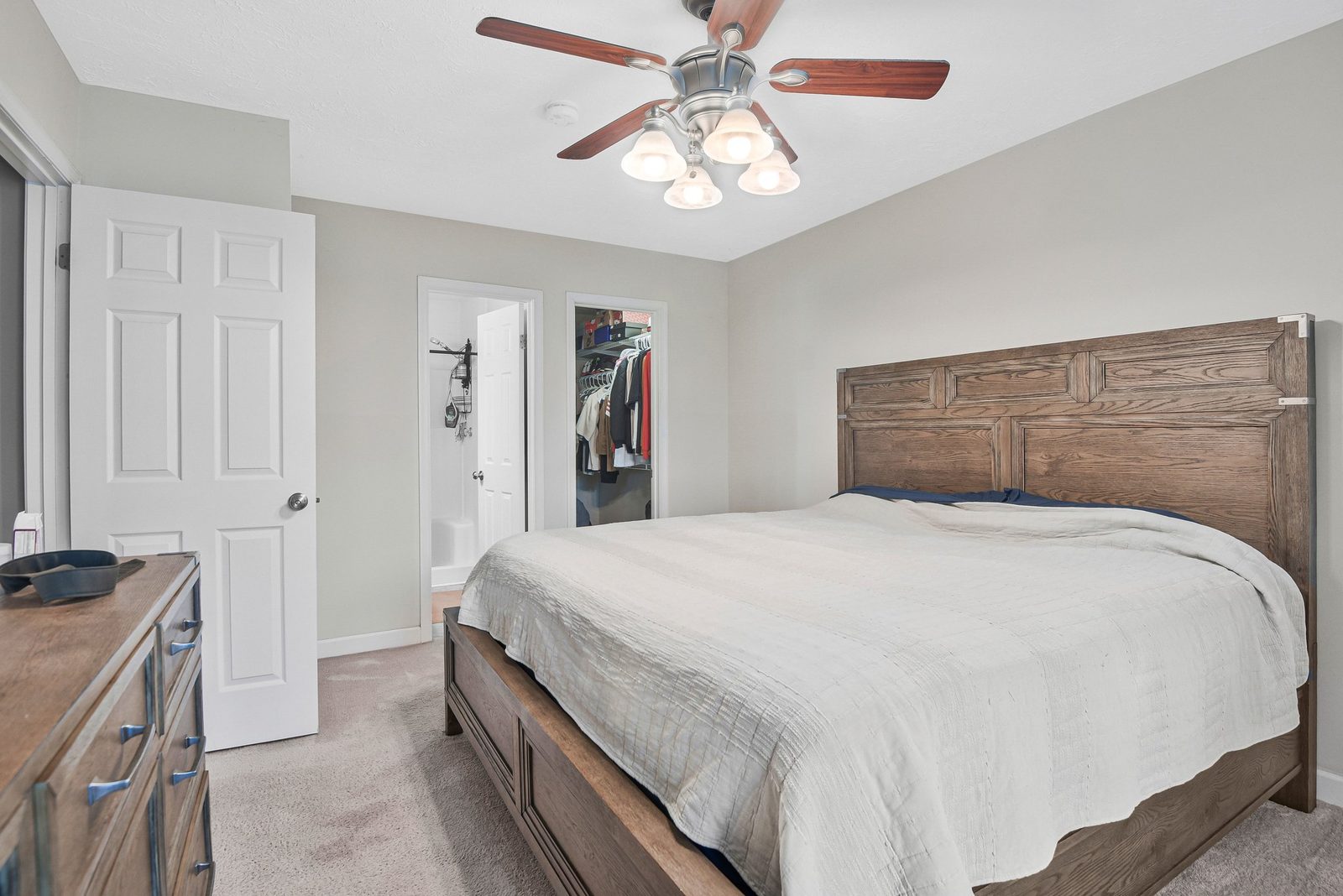 Carpeted bedroom with walk-in closet and attached bathroom with shower
