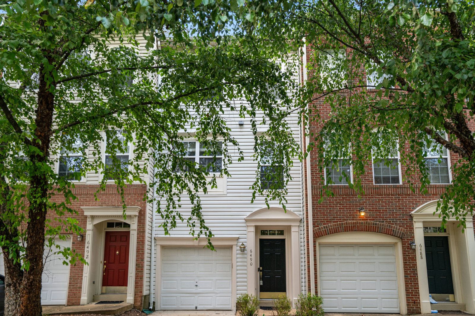 Townhouse front exterior framed by leafy tree branches